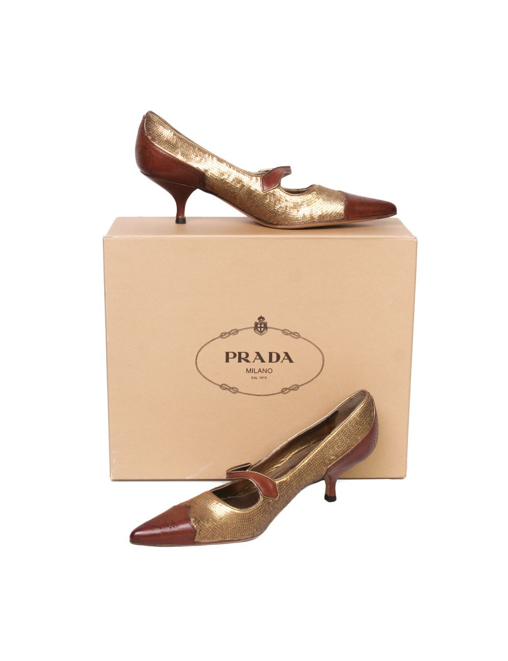 PRADA T 36 leather and gold sequins shoes