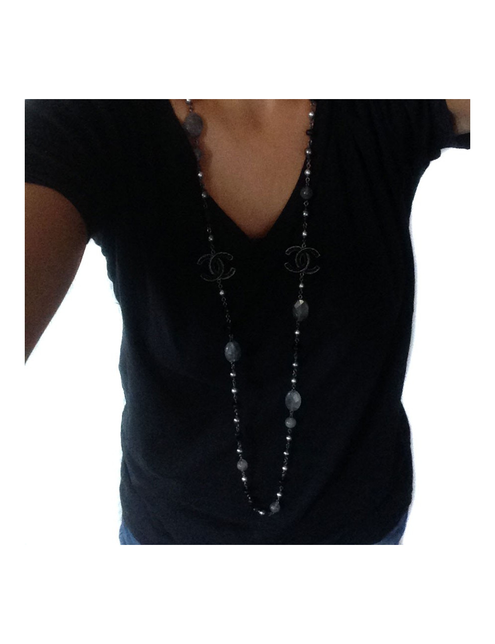 Necklace CHANEL ruthenium, steel pearls and smoked