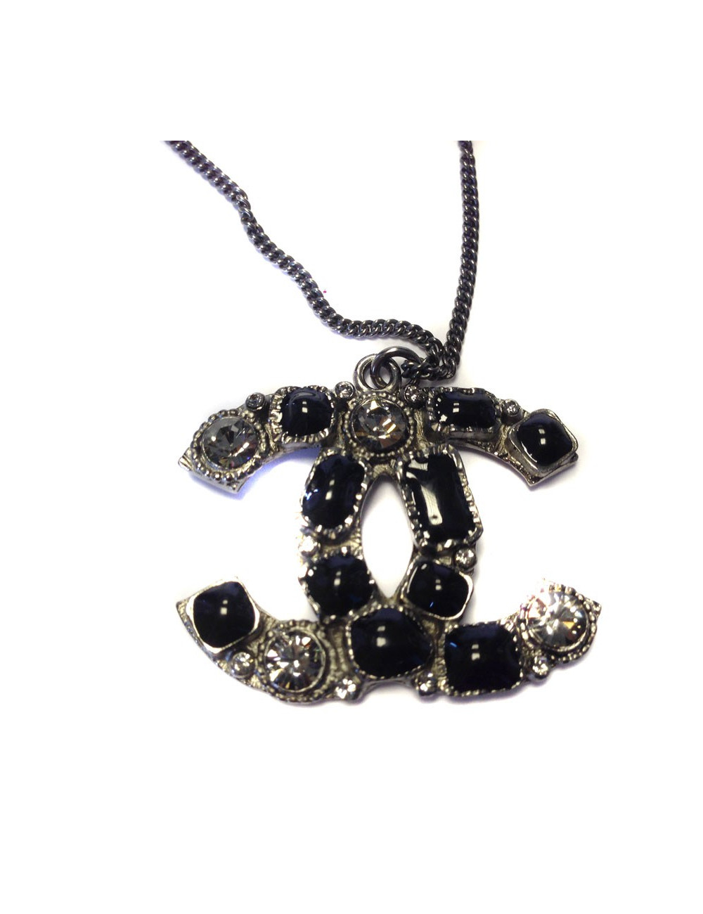 Long collier CHANEL métal argent noirci