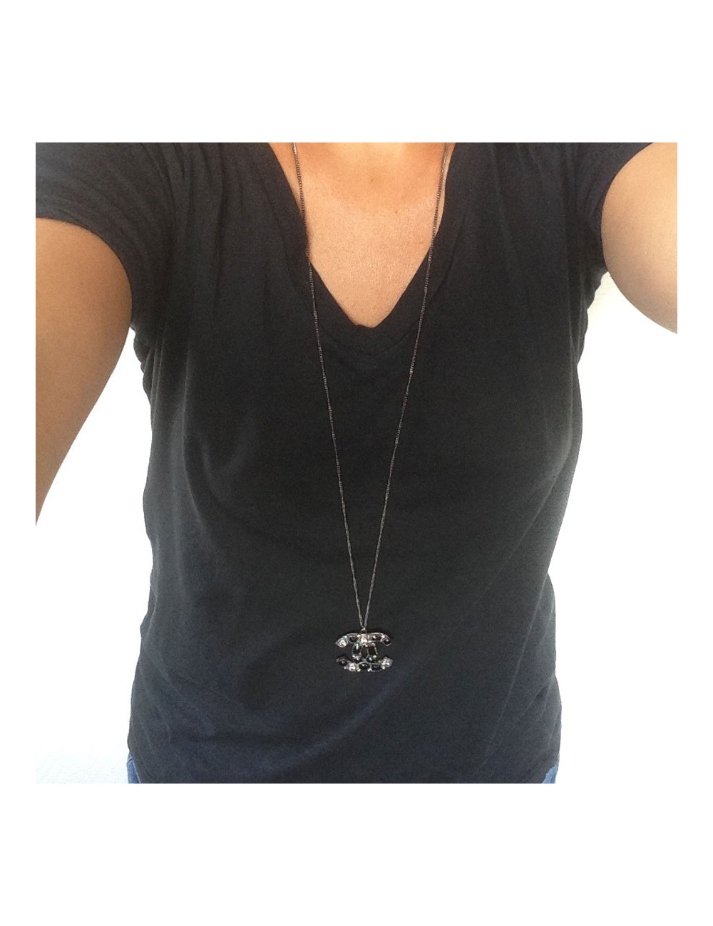Long necklace CHANEL blackened silver metal