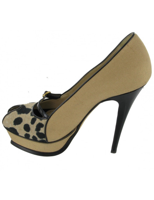 Escarpins open toe YVES SAINT LAURENT T37,5 soie beige et léopard