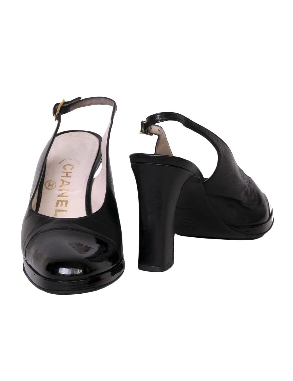 Sandales ouvertes hautes CHANEL cuir mat et verni noir  T 36