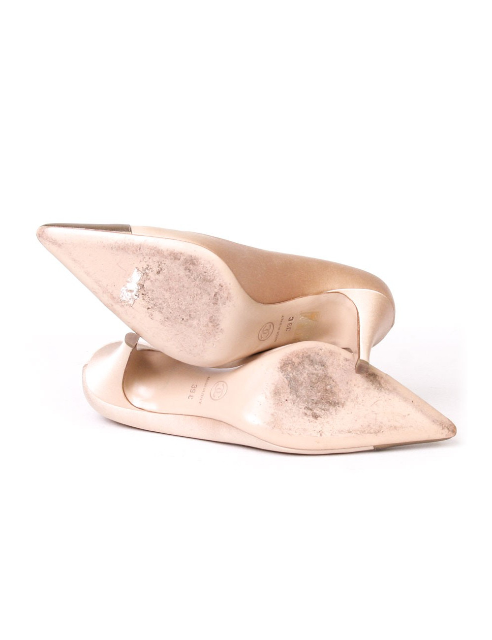 Couture CHANEL T 39 old pink satin and leather shoes bronze