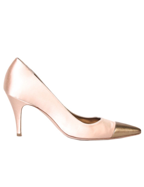 Escarpins couture CHANEL satin vieux rose et cuir bronze