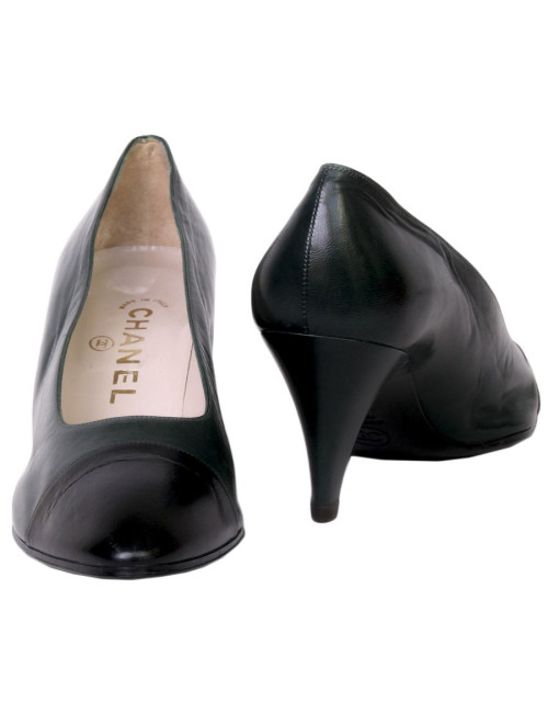 Escarpins CHANEL T38 cuir bicolore vert et noir