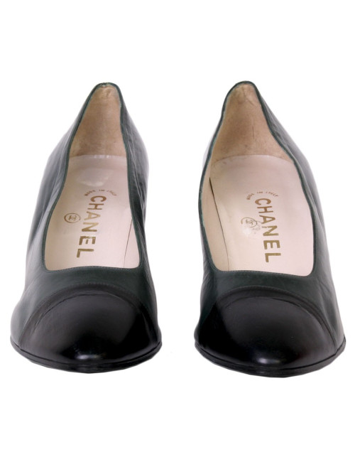 Escarpins CHANEL T38 cuir bicolore vert et noir
