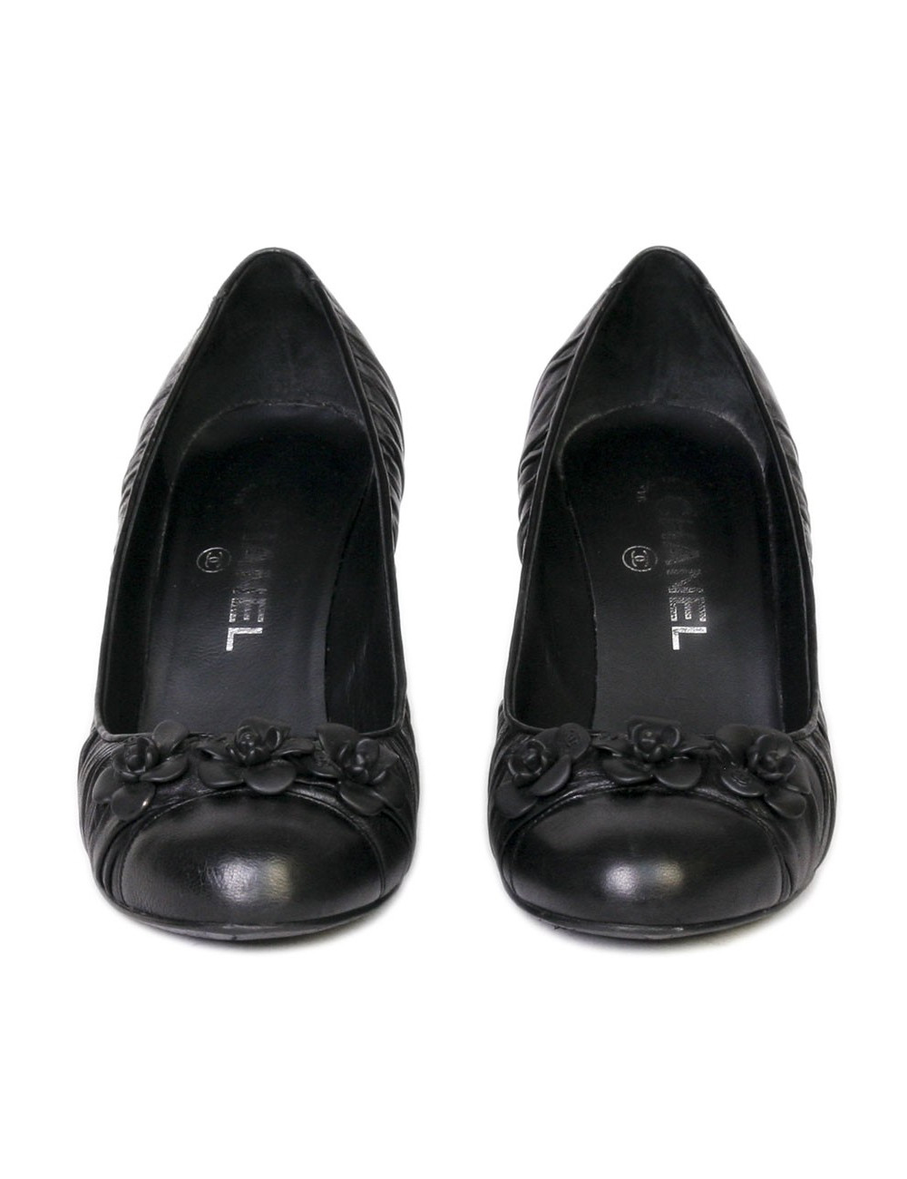 Escarpins CHANEL T 38.5 cuir d'agneau noir avec camélias