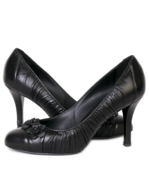 CHANEL shoes 38.5 T black lambskin with camellias