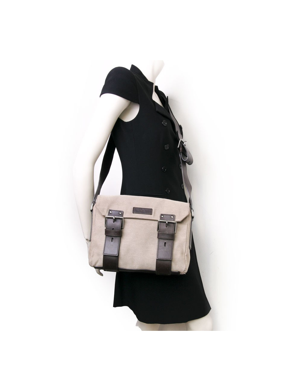 GUCCI beige leather canvas satchel Brown