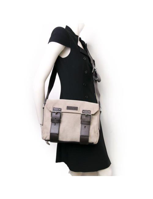 GUCCI beige leather canvas satchel Brown