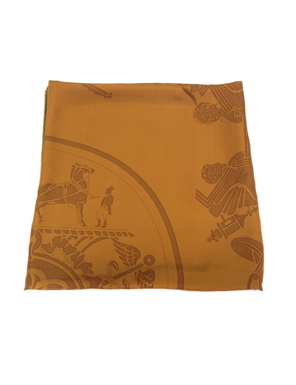 Grand châle HERMES en soie marron et bordure kaki