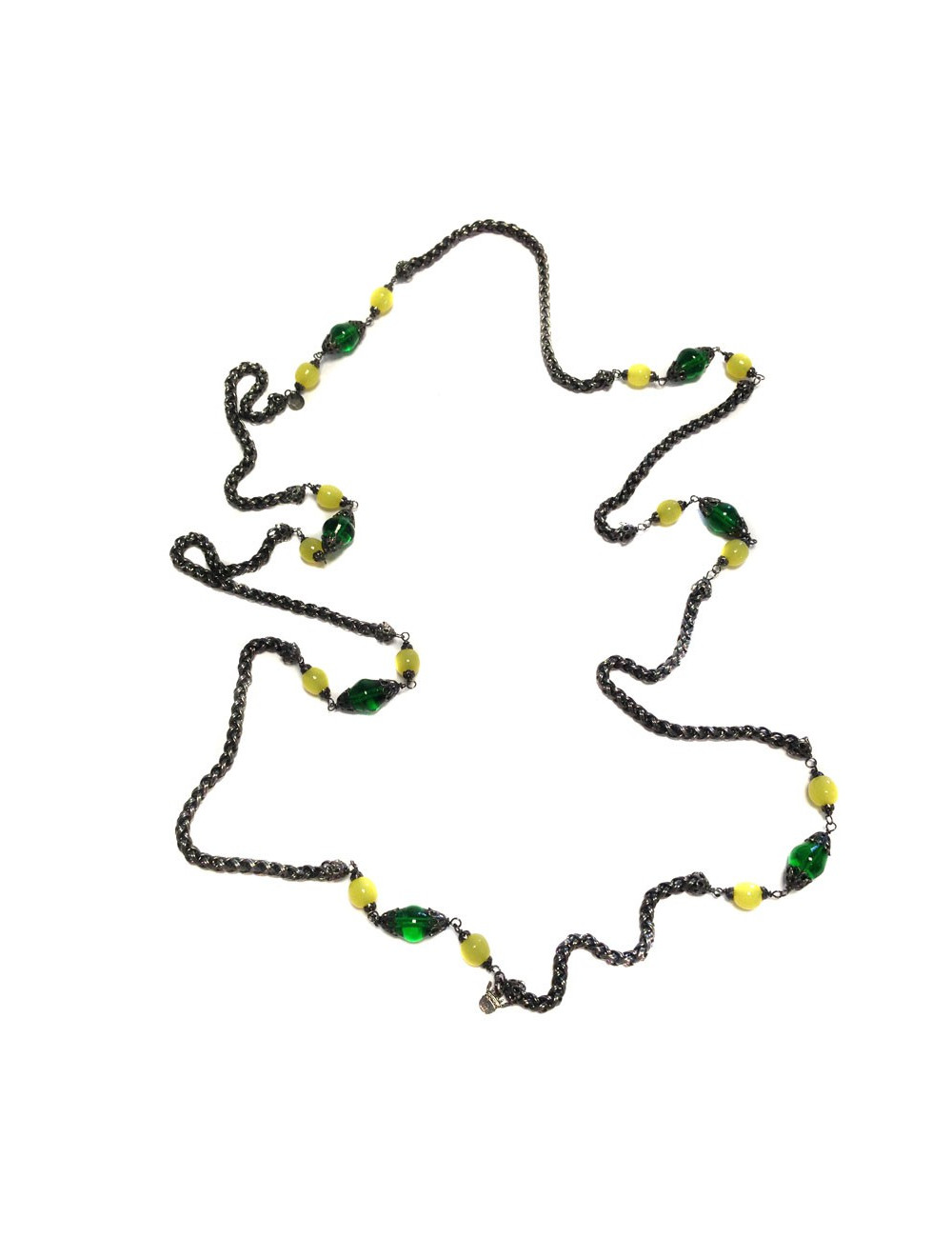 Sautoir MARGUERITE de VALOIS  chaîne ruthénium et pâte de verre vert émeraude et jaune clair