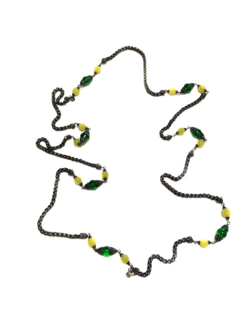 Sautoir MARGUERITE de VALOIS  chaîne ruthénium et pâte de verre vert émeraude et jaune clair