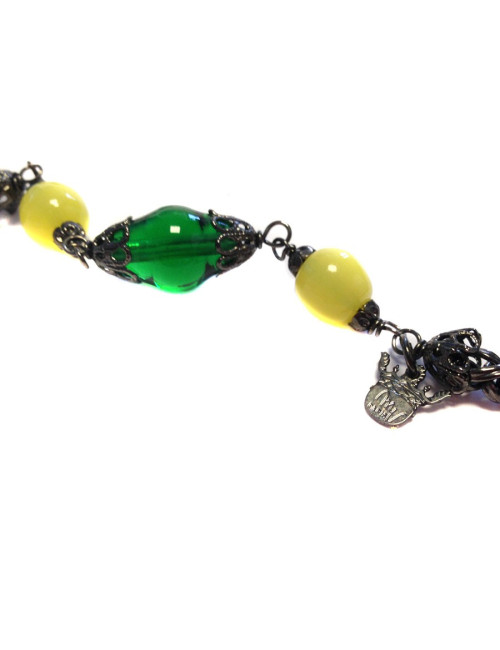 Sautoir MARGUERITE de VALOIS  chaîne ruthénium et pâte de verre vert émeraude et jaune clair