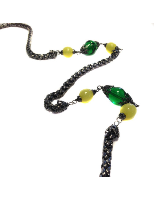 Sautoir MARGUERITE de VALOIS  chaîne ruthénium et pâte de verre vert émeraude et jaune clair