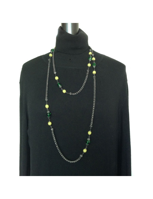 Sautoir MARGUERITE de VALOIS  chaîne ruthénium et pâte de verre vert émeraude et jaune clair