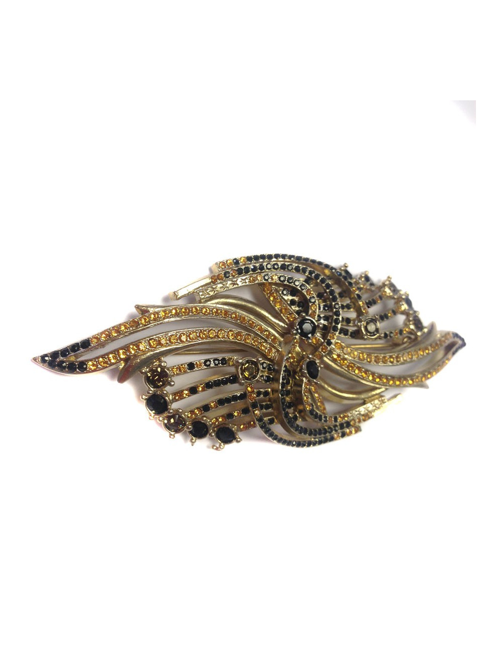 PIN seam in gold metal and rhinestones black and amber