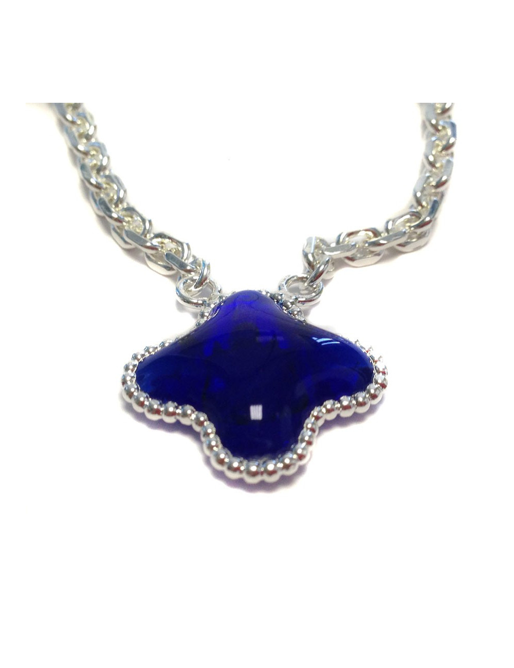 Collier trèfle MARGUERITE de VALOIS pâte de verre saphir