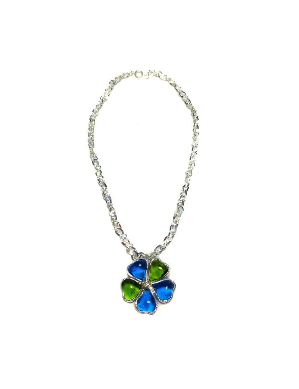 Collier fleurette MARGUERITE de VALOIS en pâte de verre vert et bleu
