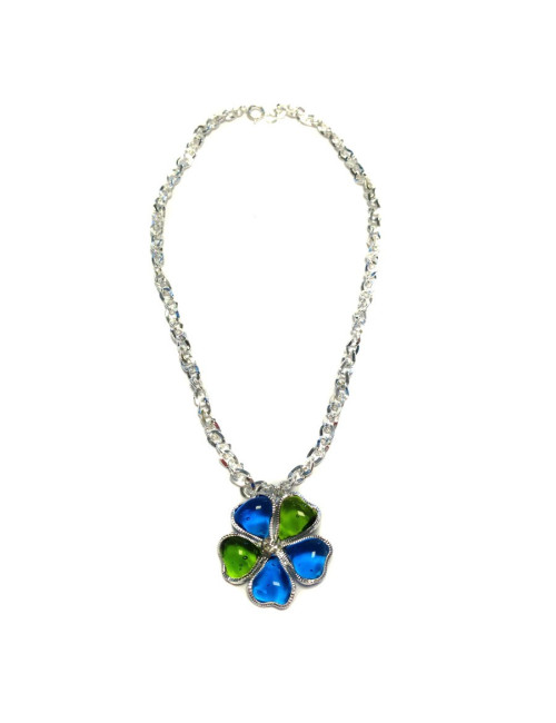 Collier fleurette MARGUERITE de VALOIS en pâte de verre vert et bleu