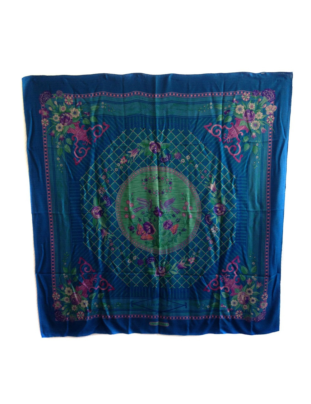 Châle HERMES "Jeu de paille" en cachemire et soie bleu canard