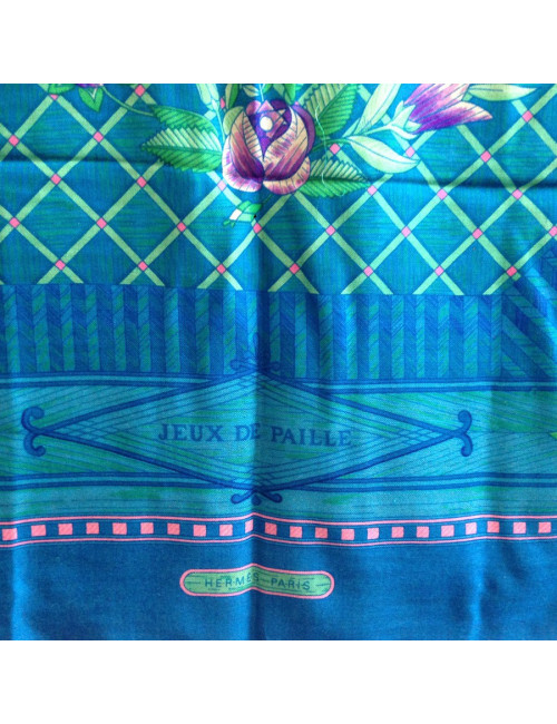 Shawl HERMES 'Game of straw' in cashmere and silk blue duck