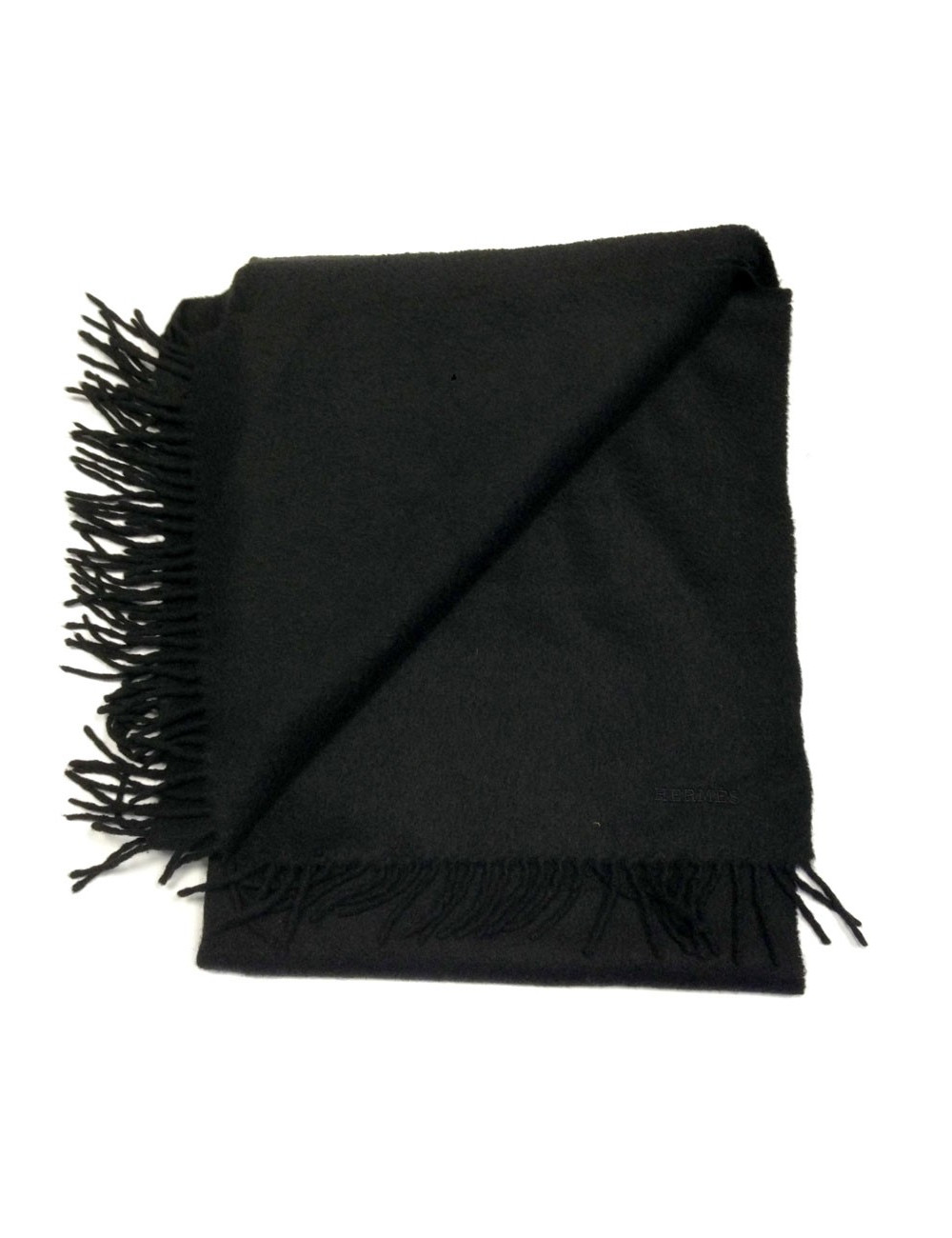 Châle HERMES noir frangé en cachemire