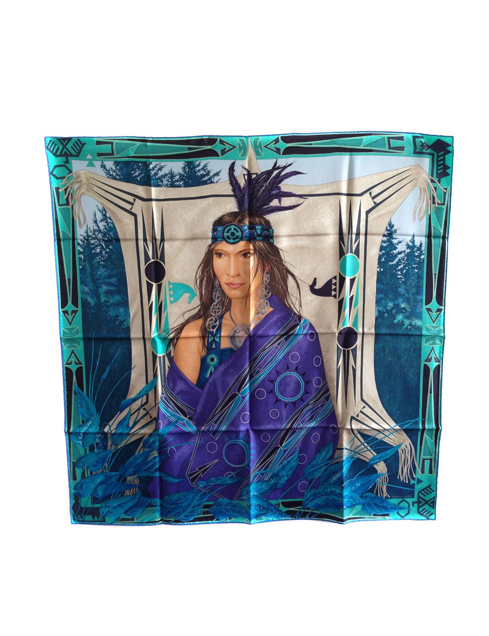 Carré HERMES "L'INDIEN PANI LA SHAR PWANEE" en soie bleue