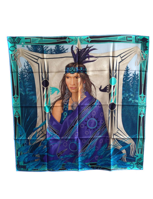 Carré HERMES "WA'KO NI" princesse indienne en soie bleue