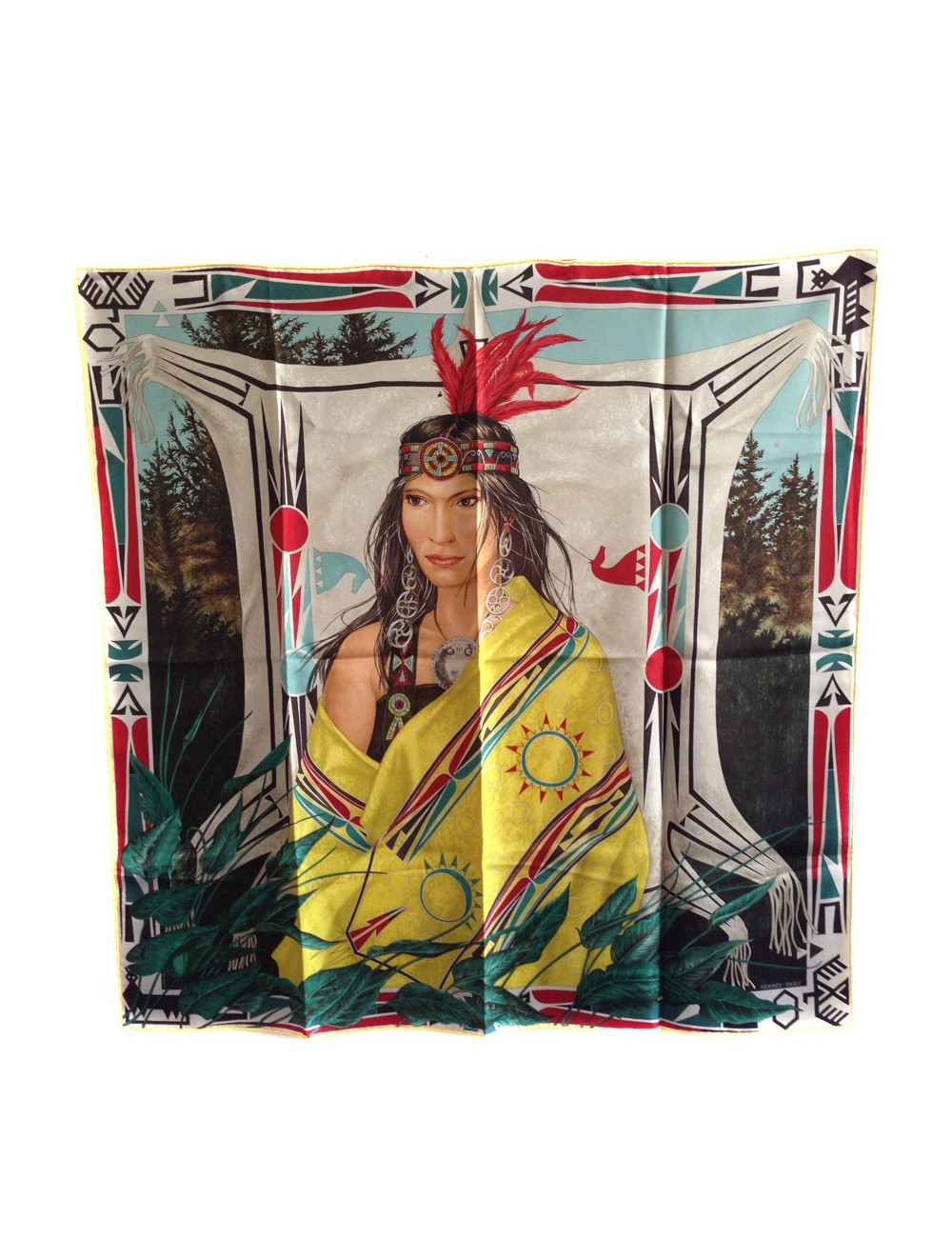 Carré HERMES "WA'KO NI" princesse indienne en soie jaune
