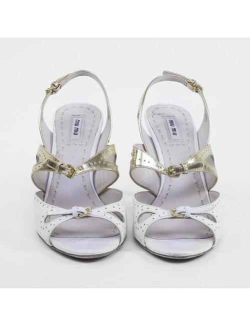 Sandales MIU MIU T 38.5 cuir perforé beige et doré
