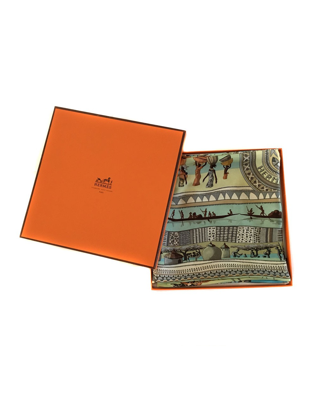 Carré HERMES "Vie du fleuve" en soie bleu