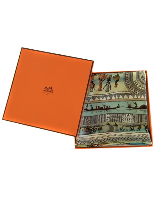 Carré HERMES "Vie du fleuve" en soie bleu