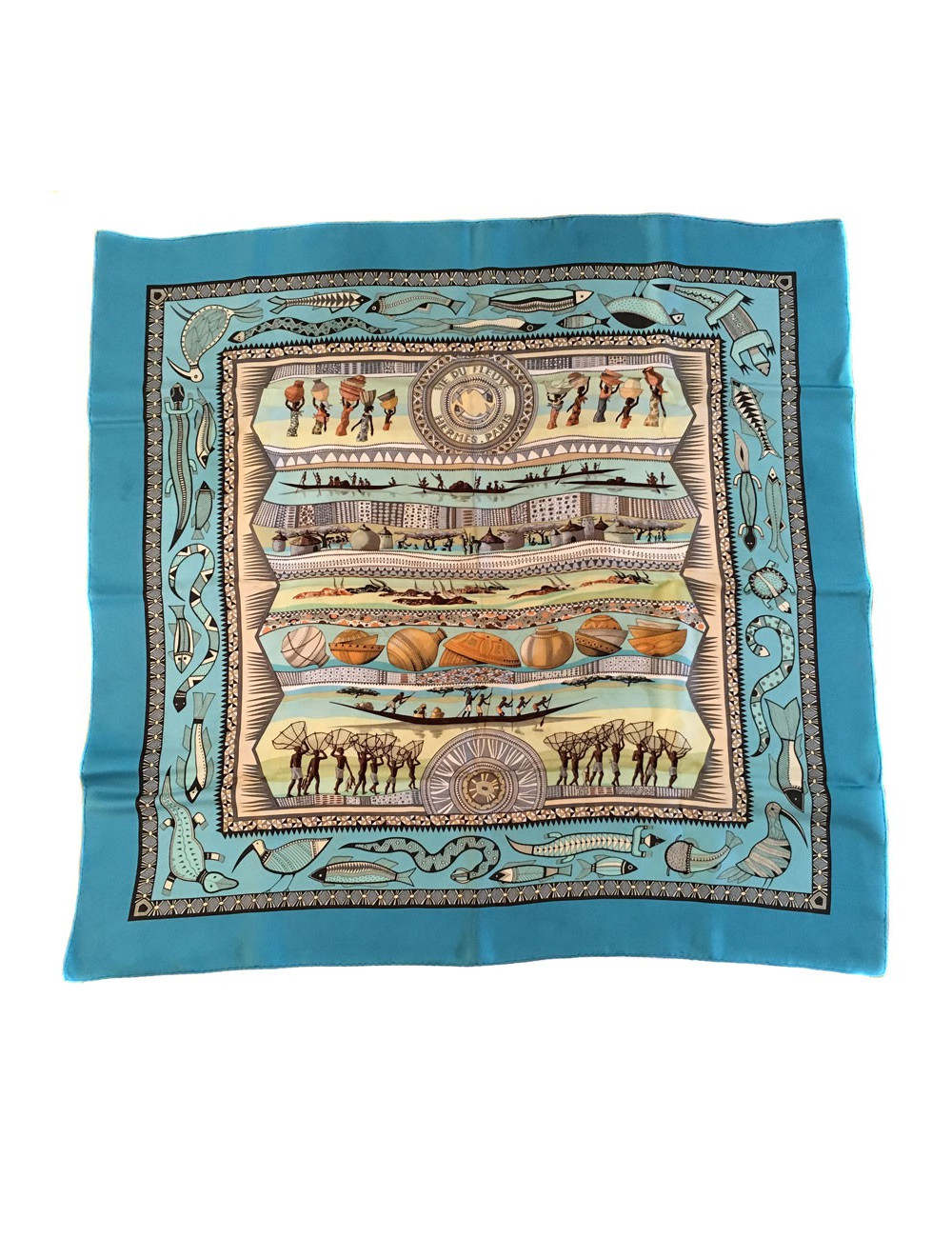 Carré HERMES "Vie du fleuve" en soie bleu
