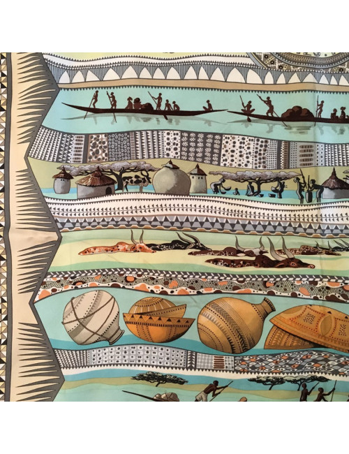 Carré HERMES "Vie du fleuve" en soie bleu