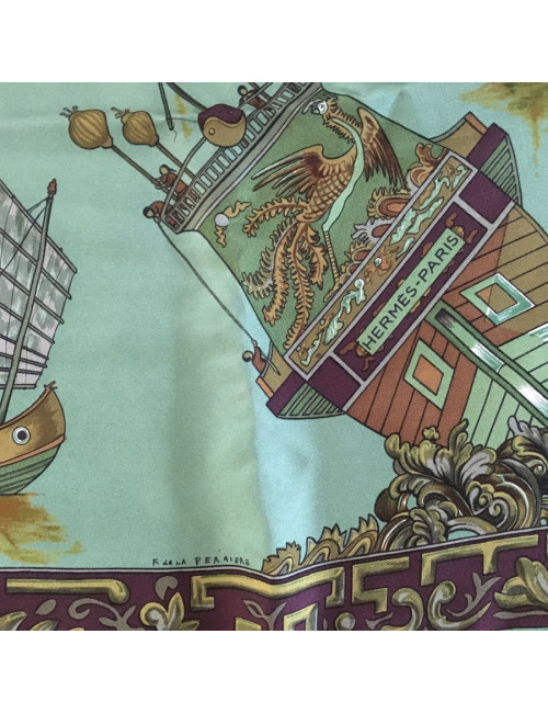 Hermès "Junks and Sampans" in green silk