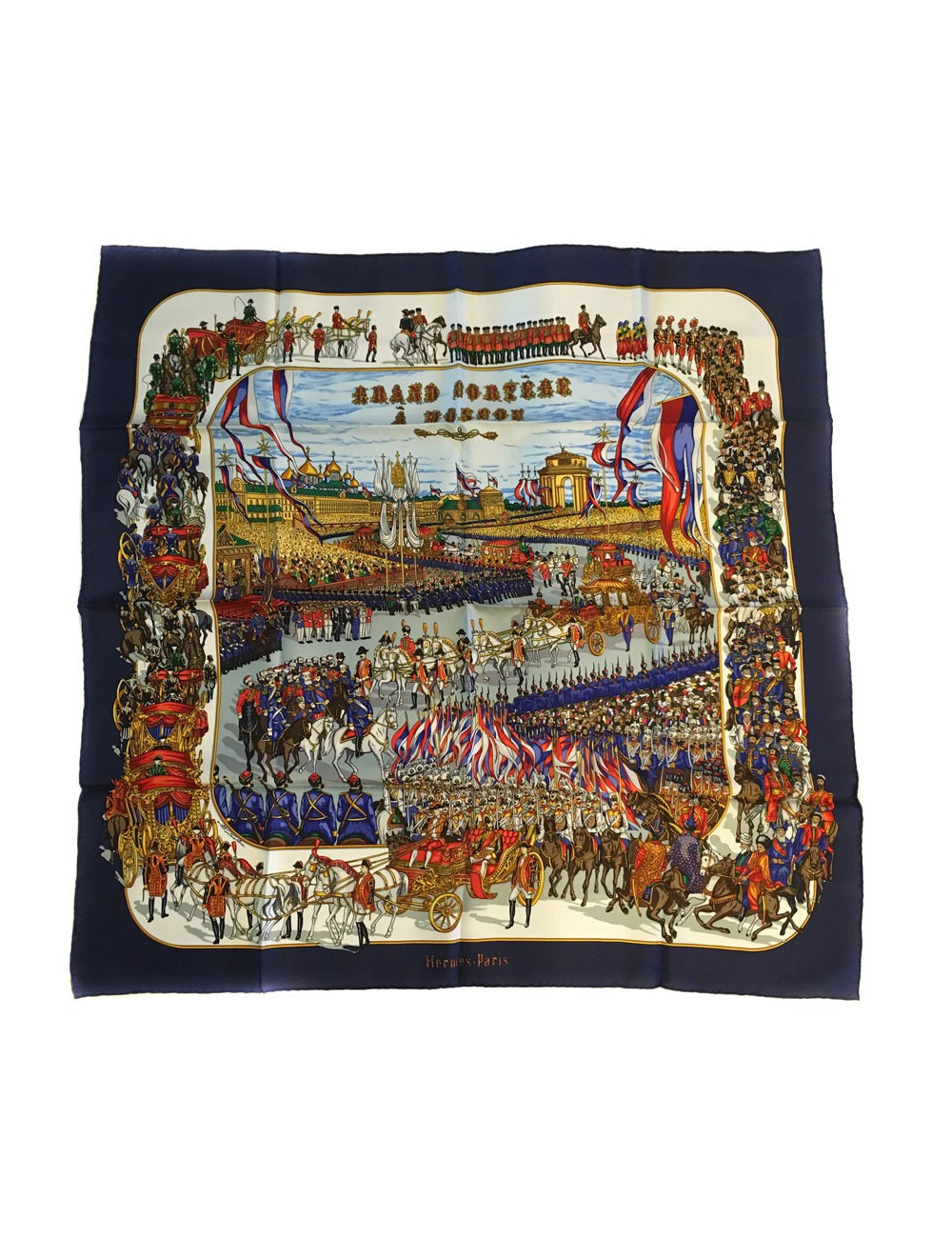 Carré HERMES "Grand cortège à Moscou" en soie bleu