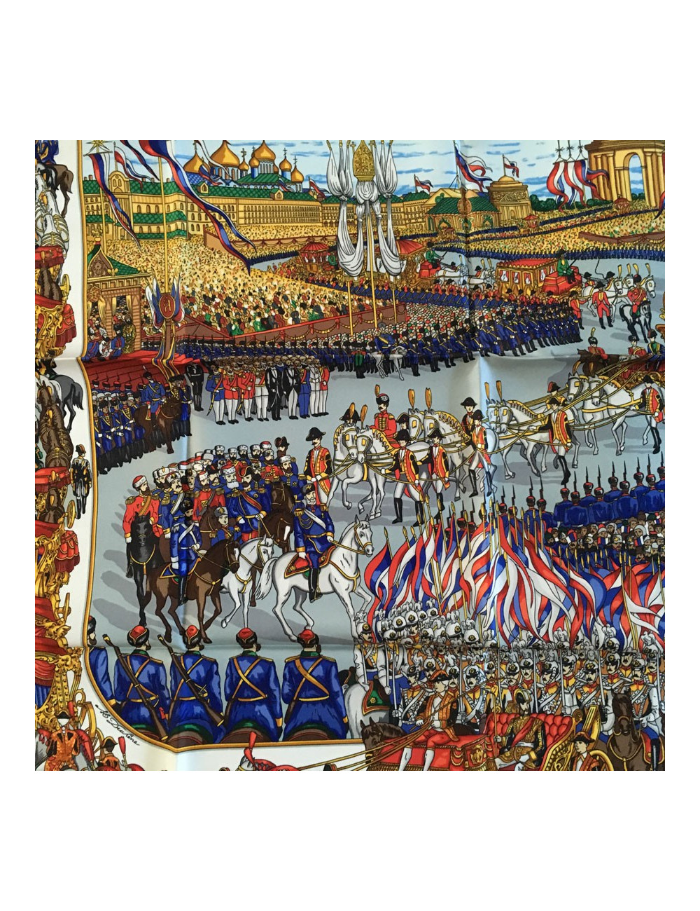 Carré HERMES "Grand cortège à Moscou" en soie bleu