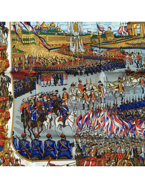Carré HERMES "Grand cortège à Moscou" en soie bleu