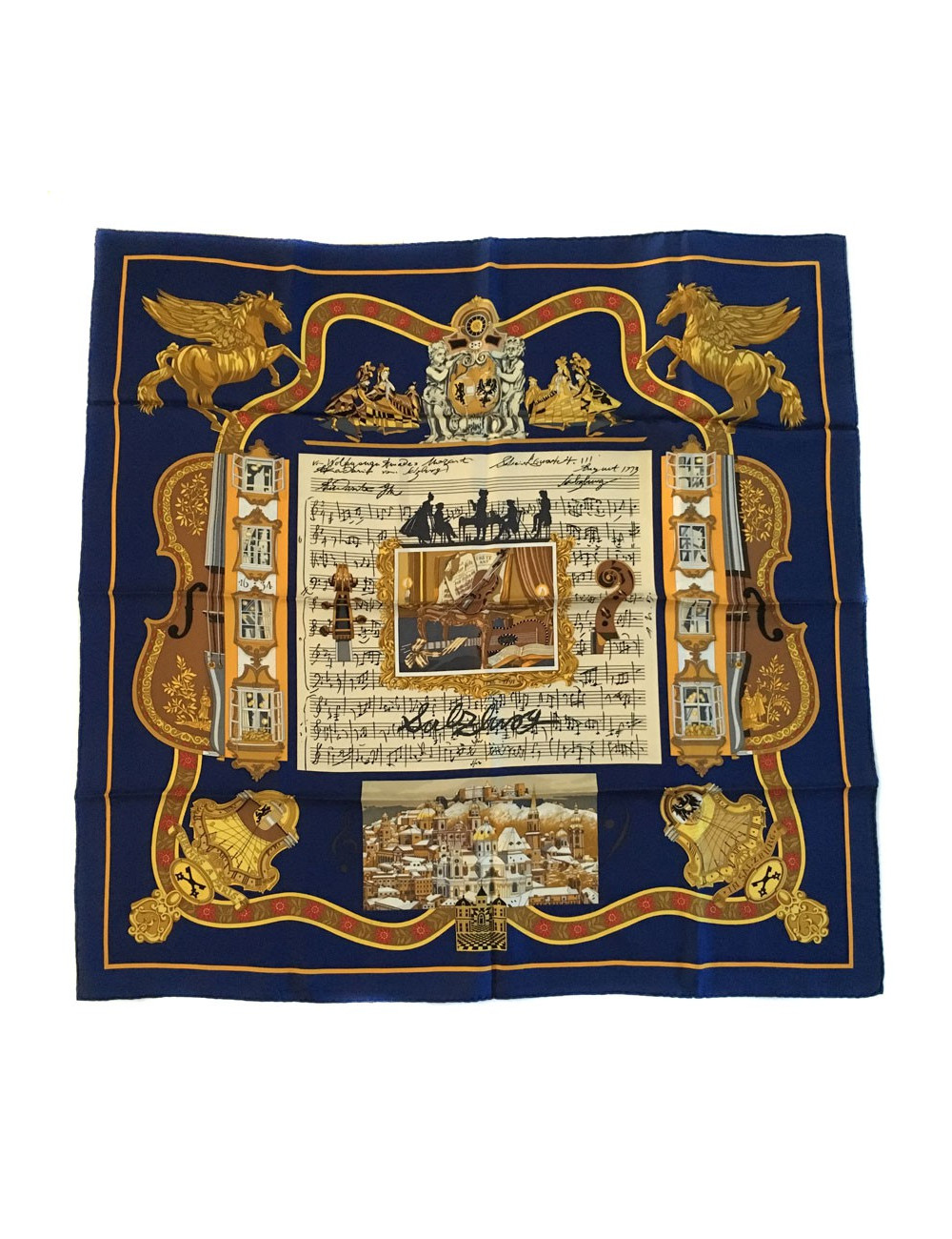 Carré HERMES "Salzburg" en soie bleu foncé
