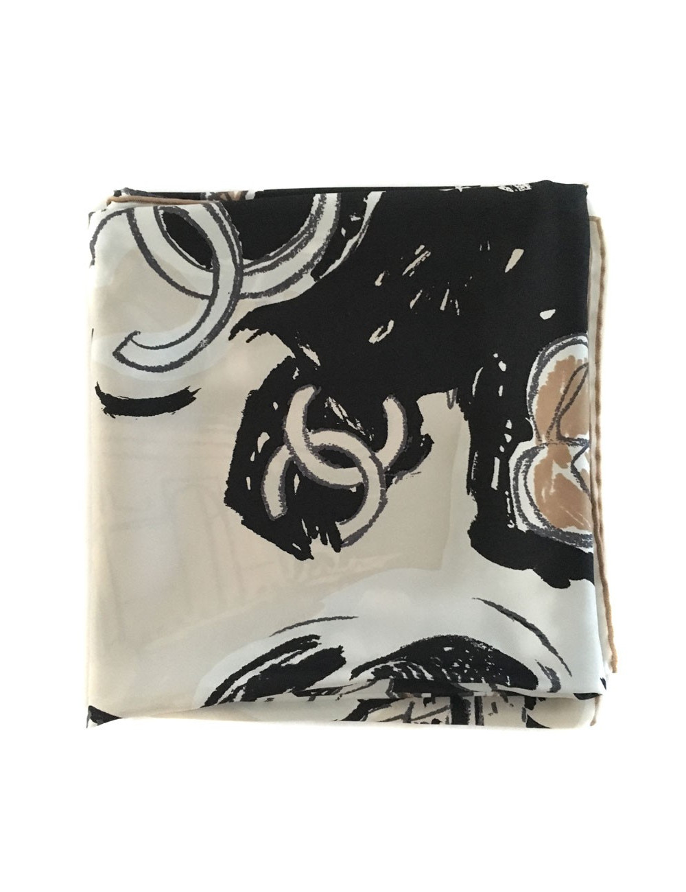 CHANEL "Paris" beige and black silk scarf