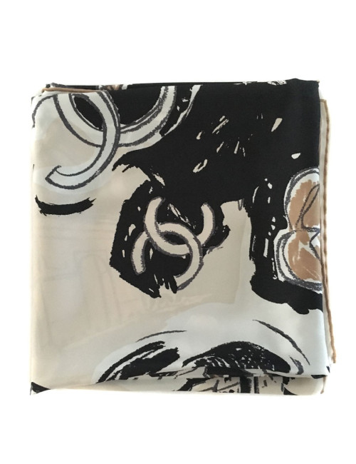 CHANEL "Paris" beige and black silk scarf
