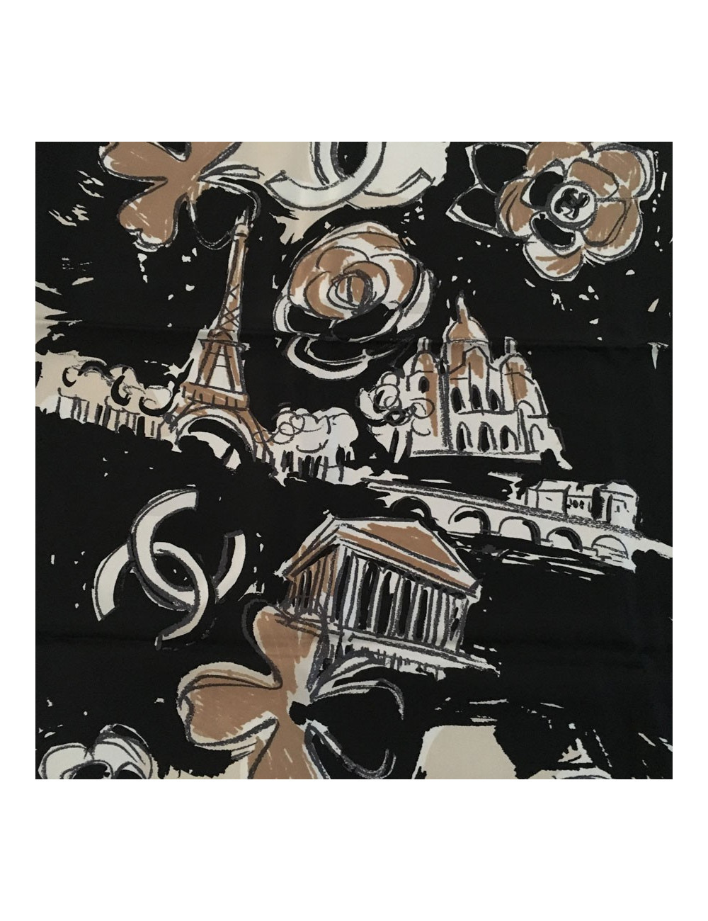 CHANEL "Paris" beige and black silk scarf