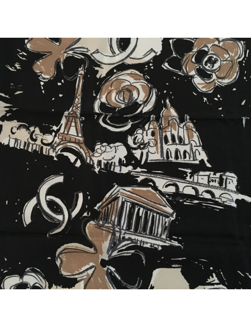 CHANEL "Paris" beige and black silk scarf