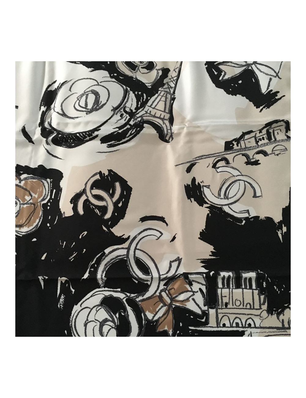 CHANEL "Paris" beige and black silk scarf