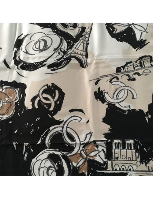 CHANEL "Paris" beige and black silk scarf