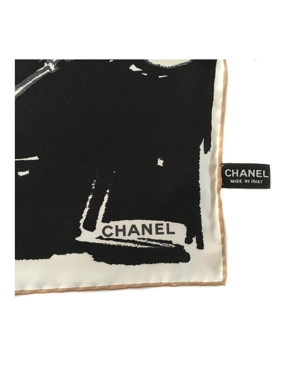 CHANEL "Paris" beige and black silk scarf