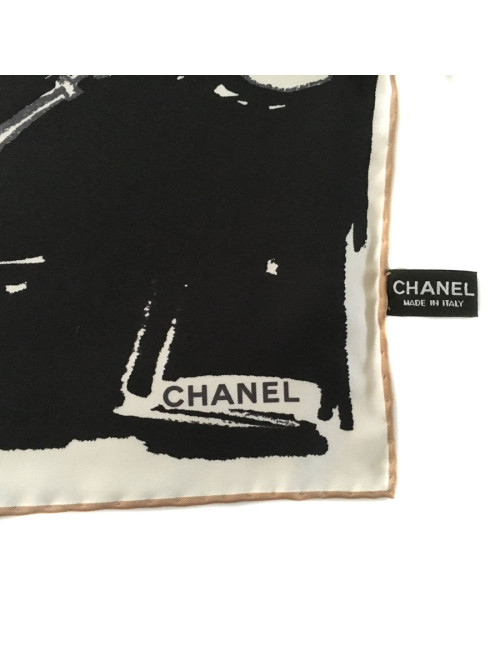 CHANEL "Paris" beige and black silk scarf