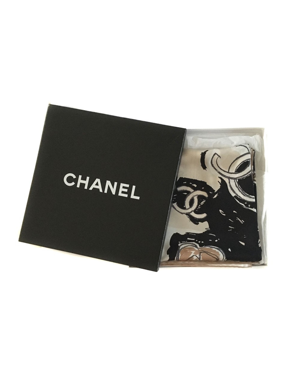 CHANEL "Paris" beige and black silk scarf