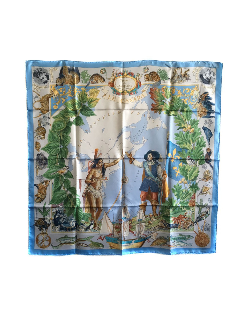 Carré HERMES "Samuel de Champlain, Le Canada" en soie bleu ciel
